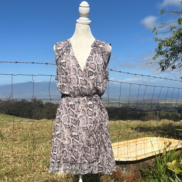 All Saints Priya Misra Snakeskin Ruffle Chiffon Sleeveless Wrap Mini Dress Small - Picture 1 of 9
